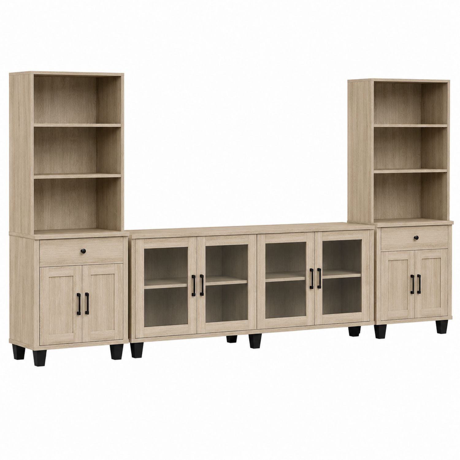 Wood Entertainment Center with Tempered Glass Doors and Shelving Beige 200x40x180 cm