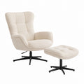 Cream Fabric Lounge Chair and Ottoman with Black Metal Base