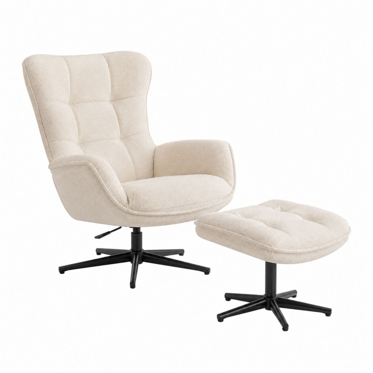 Cream Fabric Lounge Chair and Ottoman with Black Metal Base