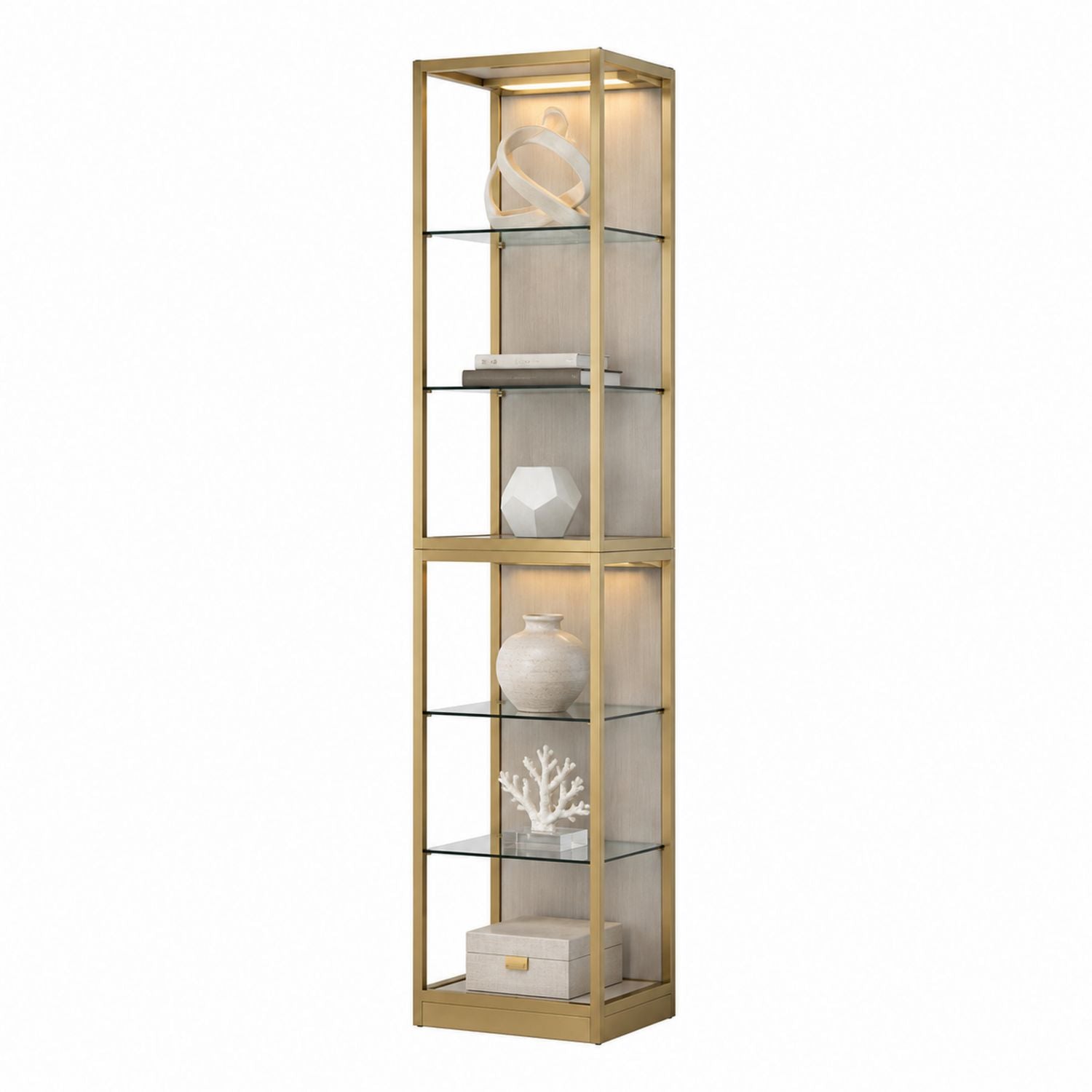 Tall Gold Metal and Glass Display Cabinet with Lights 180cm