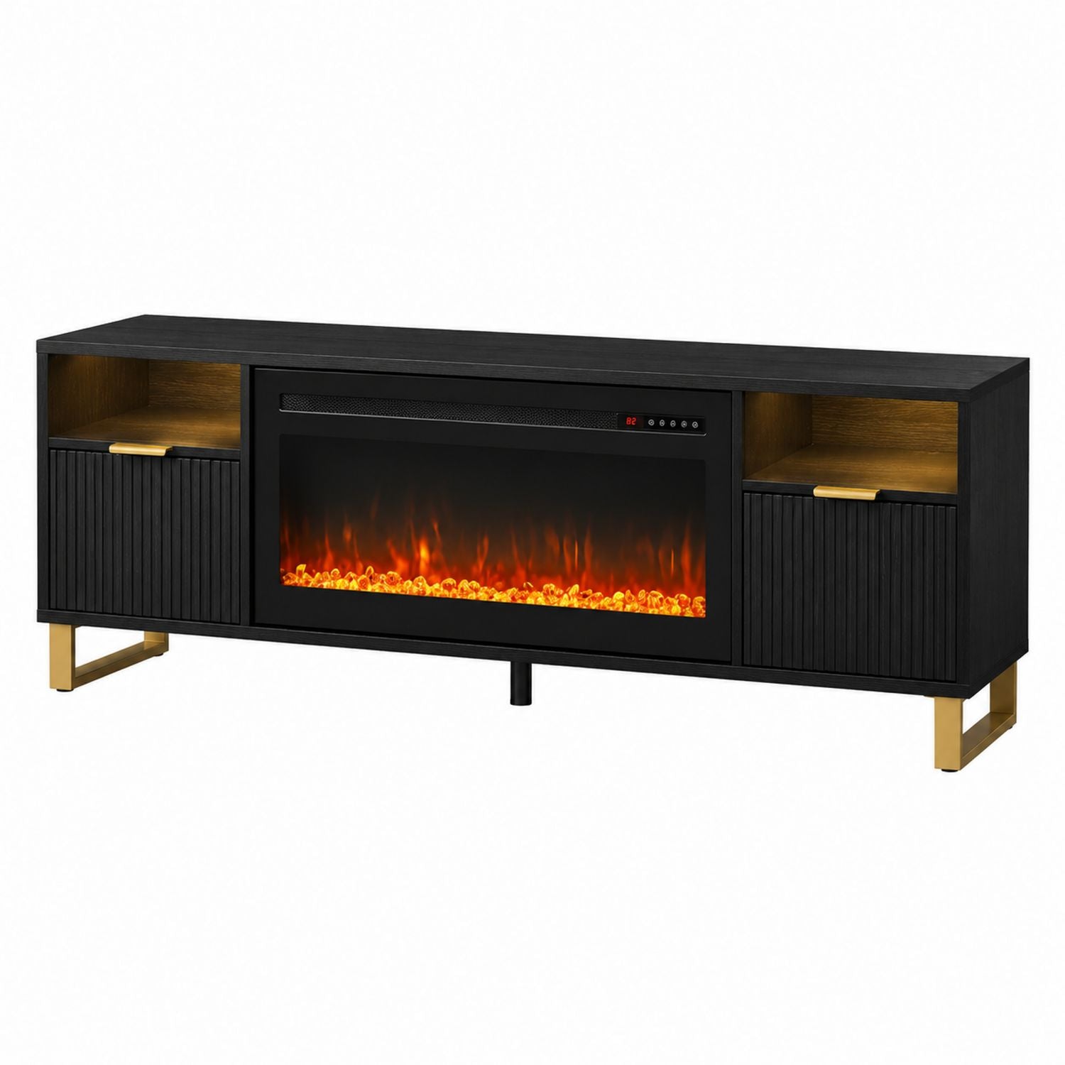 Black Wood TV Stand with Electric Fireplace and Metal Legs 152 cm
