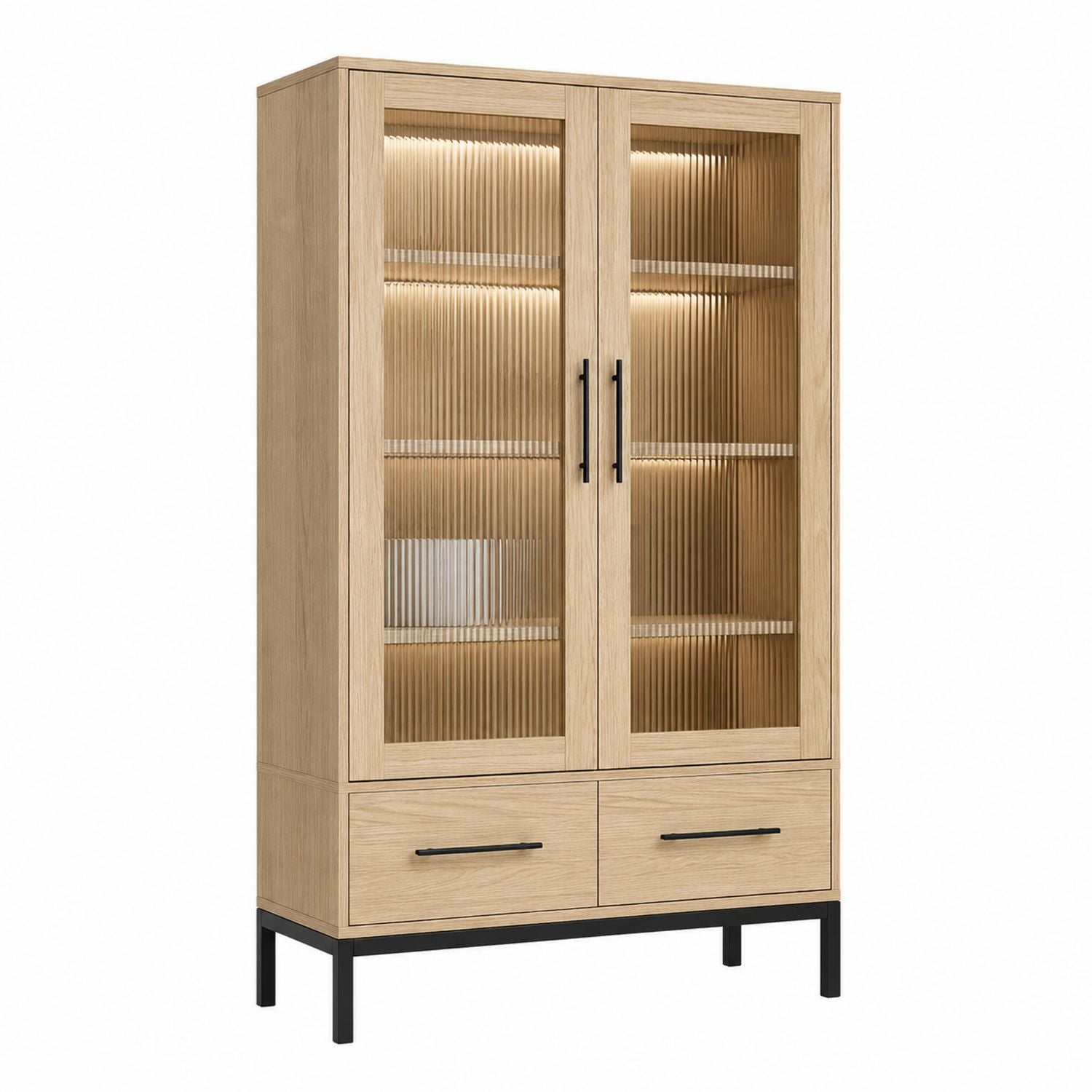 Oak Veneer Display Cabinet with Fluted Glass Doors and Metal Legs - Light Oak