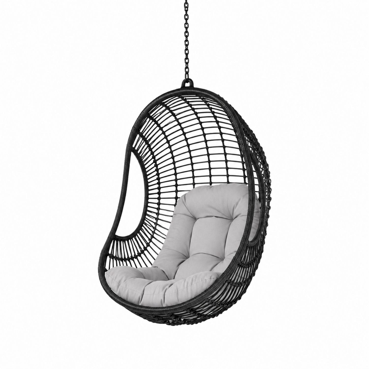 Hanging Egg Chair Wicker Rattan Black with Grey Cushion