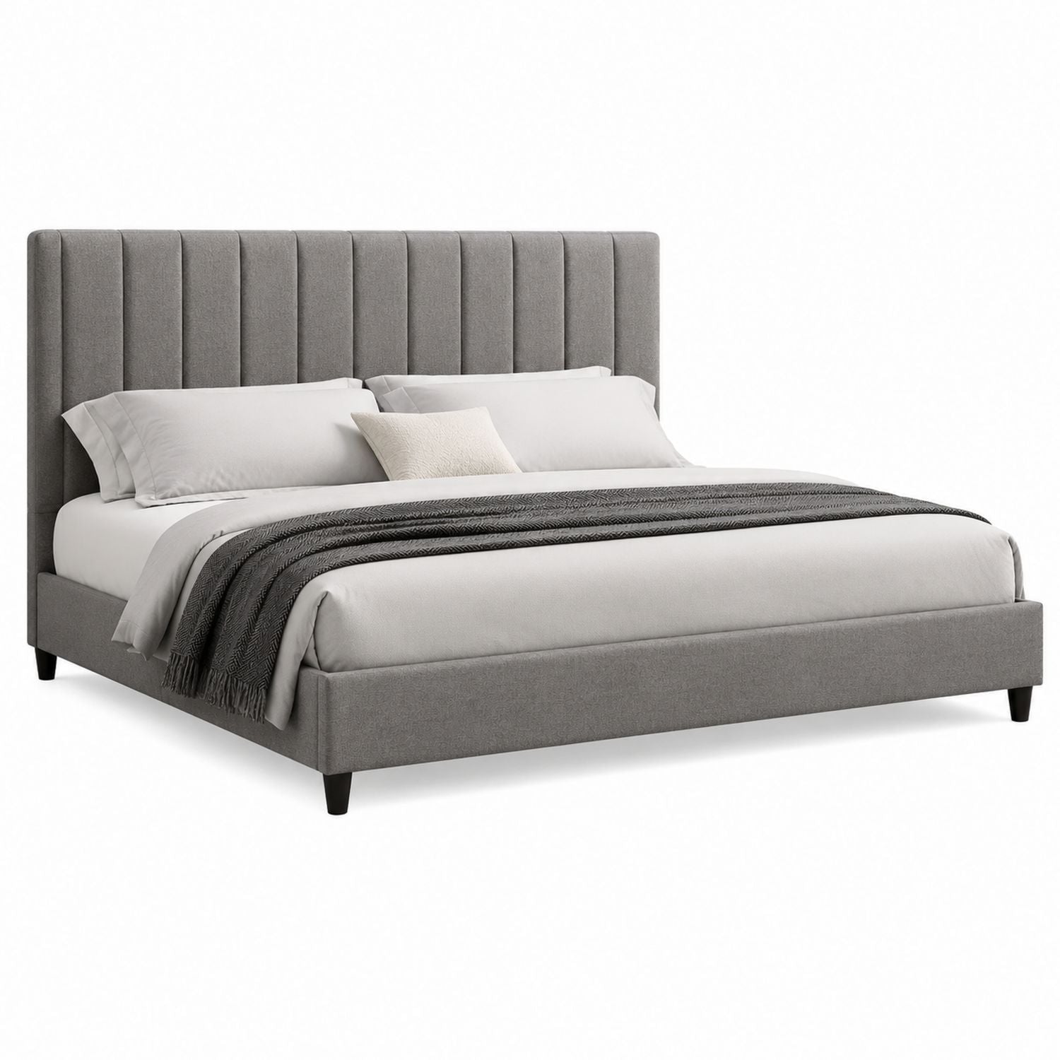 Queen Upholstered Platform Bed with Linen Fabric in Gray