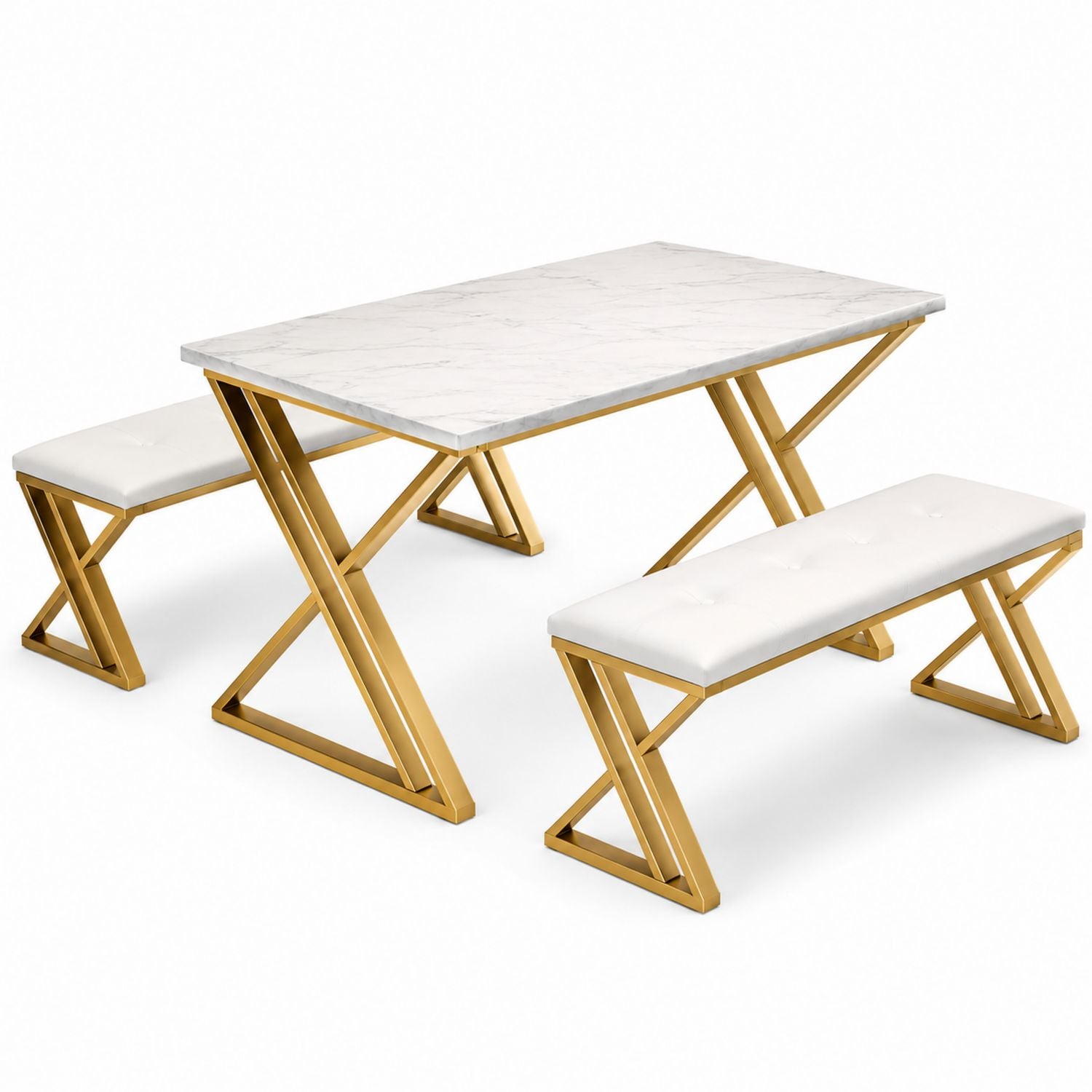 3-Piece Dining Table Set with Faux Marble Top and Gold Metal Legs