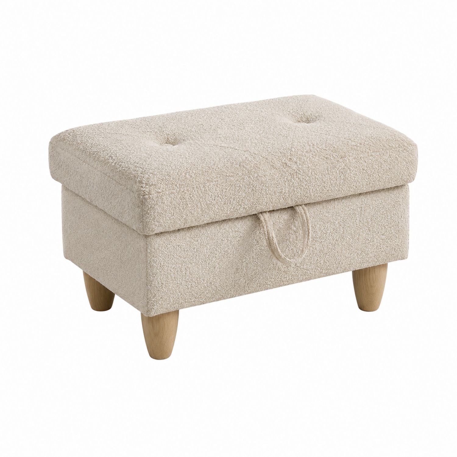 Rectangular Bouclé Fabric Ottoman with Wooden Legs 80cm Beige