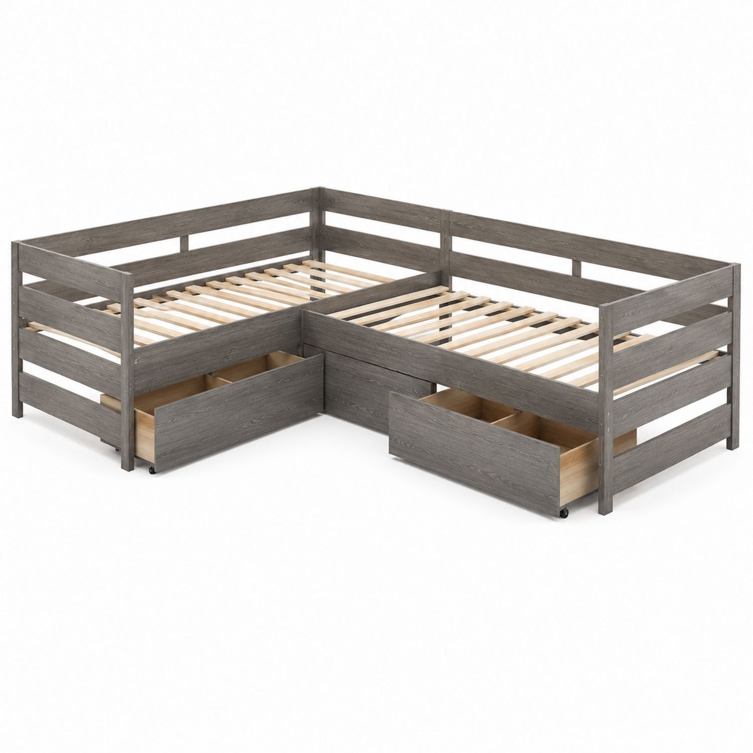 L-Shaped Twin Size Wooden Bed Frame with Storage Drawers Gray